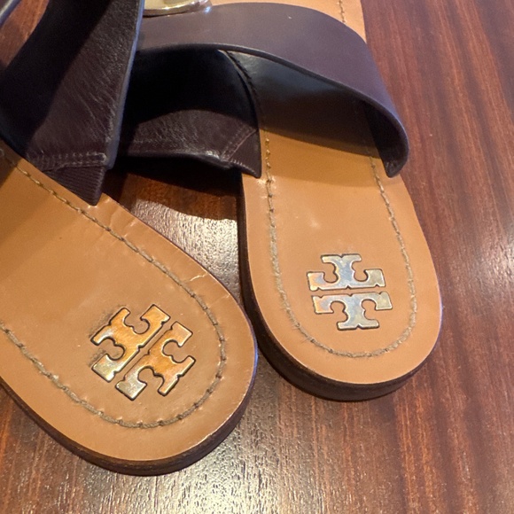 TORY BURCH Pre Owned Patos Leather Gold Disk Sandals Thongs 9 - Picture 5 of 6